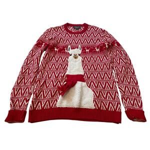 Ugly Christmas Sweater Adult Medium Red Fuzzy Llama Fringe Scarf Funny Holiday